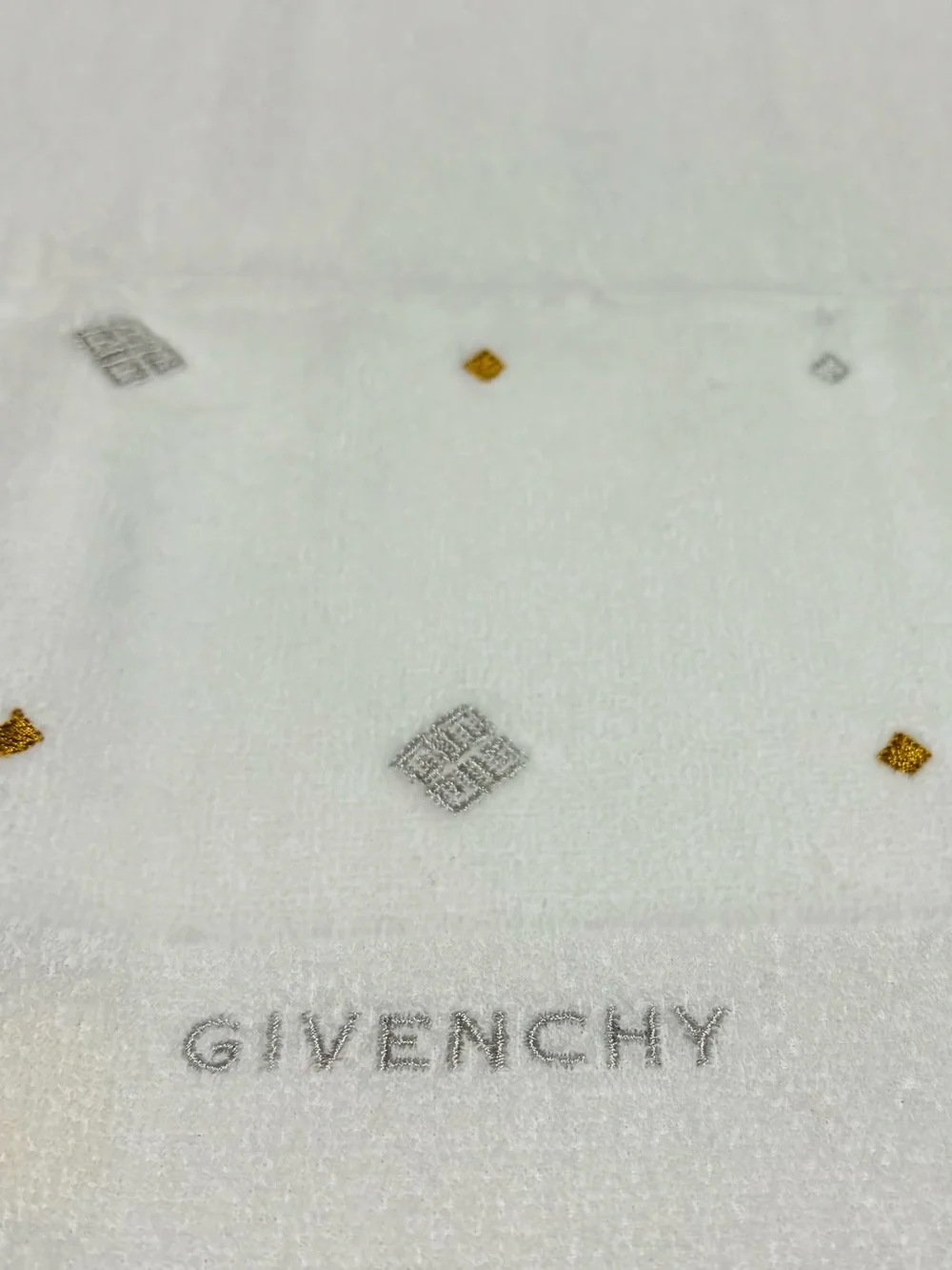 Givenchy Ivory Pocket Hand Towel with Gold & Silver Embroidered size 23cm 9”